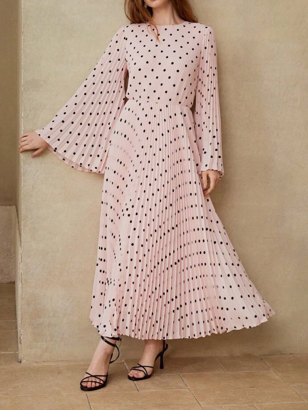 Pink Elegant Women's Premium Polka Dot Print Pleated Long Sleeve Dress - Picture 6 of 7